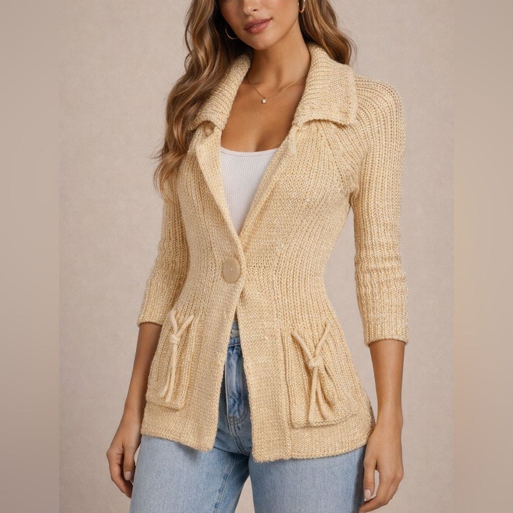 Bebe XS Knit Cardigan Cream Gold Thread Shawl Collar Button Front Vintage